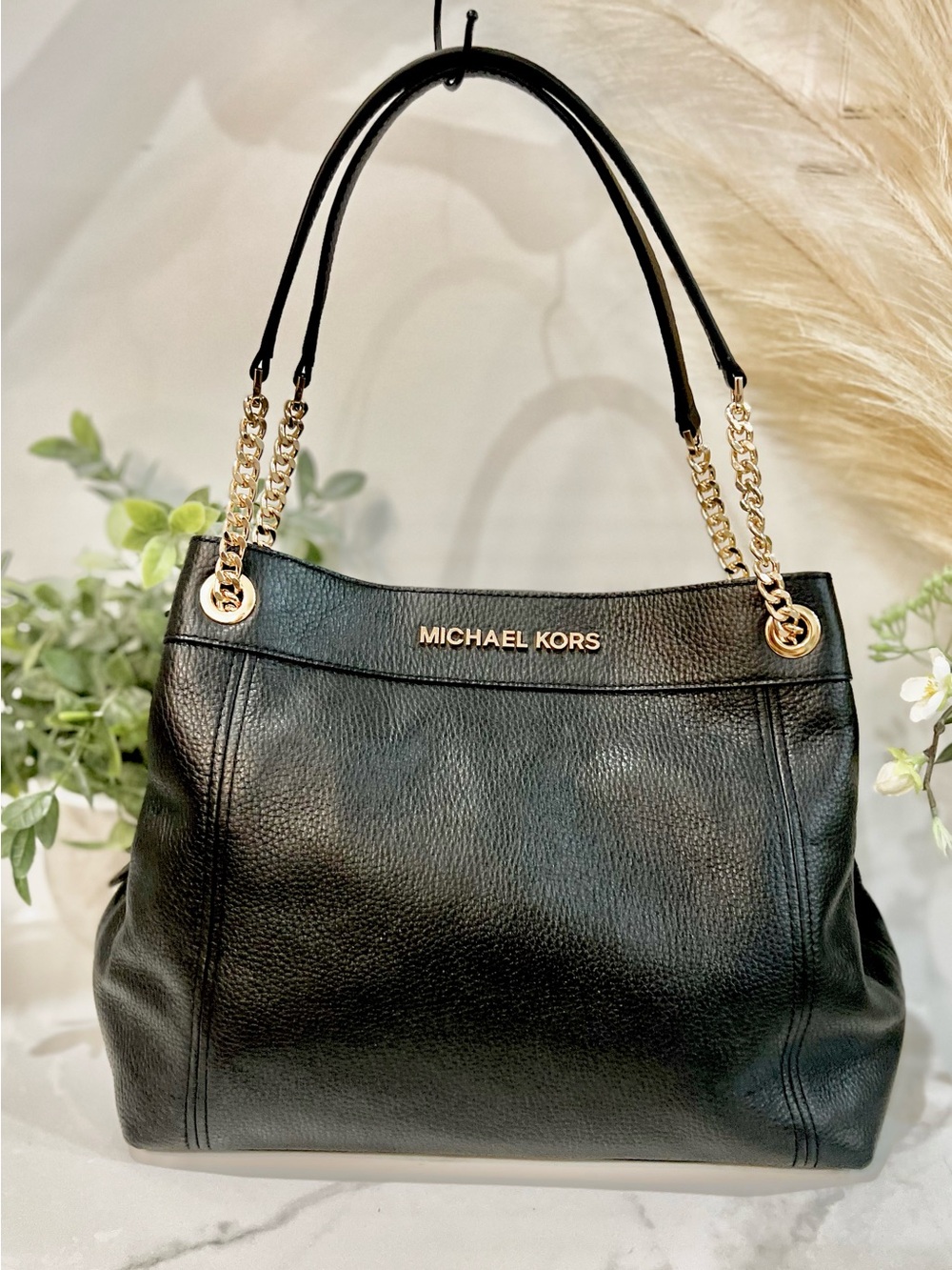 Michael Kors Black Pebbled Leather Shoulder Bag with Gold Chain Accents